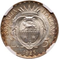 Italian Colonies: Somalia. 5 Lire, 1925-R NGC MS64 - 2