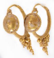 Roman, 3rd-4th Century A.D. High Karat Earring Hoops with Small Shield and Suspended Grape Clusters