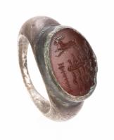 Large 2nd-5th Century A.D. Roman Silver Sacrificial Ring with a Large Carnelian Intaglio with Considerable Carving