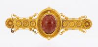 Magnificent 19th Century Revival Filigree Brooch in 22K Yellow Gold with Carnelian Scarab that Rotates To Reveal a Full Profile