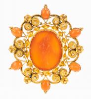 Magnificent Roman Period Carnelian Intaglio in Antique 14K Yellow Gold, Filigree Bezel with Six Coral Cabochons