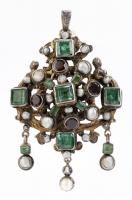 Exquisite, Early 19th Century, Bejeweled Maltese Cross with Emeralds, Garnets, Baroque Pearls & Diamond set in a Silver Mount wi