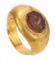 Roman 4th-6th Century A.D. High Karat Yellow Gold Ring with Ancient Carnelian Intaglio Carved with Three Animals