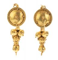 Late Roman, Superb High Karat Earrings, 4th-5th Century A.D. with Shield and Grape Clusters in Exceptional Condition.