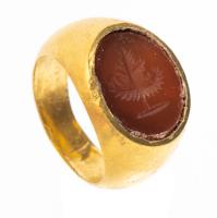 Late Roman High Karat Gold Ring 2nd Millennium A.D. with Carnelian Intaglio of a Single Tree.