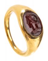 7th-9th Century Carnelian Intaglio of a Goddess Facing Left in a Modern 22K Yellow Gold Ring of Fine Quality