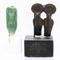 Pair of Ancient Egyptian Amulets: Bronze of Twin Uraeus and Fragment of Goddess in Amazonite