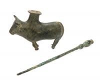 Rare, Choice, Bronze Bull Bactrian Kohl Cosmetic Vessel & Spatula 2nd Millennium B.C.