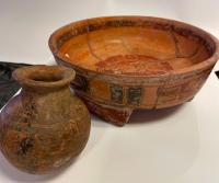 Two (2) Pre-Colombian Mayan, Polychrome Terracotta Bowls: Impressive Orange & Black Painted, Ceremonial Tripod Bowl & Small Pot