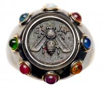 Lovely, Modern Set Ancient Greek Silver Coin ca. 387-298 B.C. Housed in Sterling Silver with Multi-color cabochons