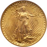 1908 $20 St. Gaudens. Motto NGC MS63