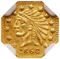 1860-Dated 1/2 Octagonal Indian Head California Gold Token, 11.3mm