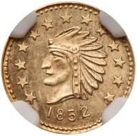 1852-Dated Round Indian Head California Gold Token, 12mm NGC MS67