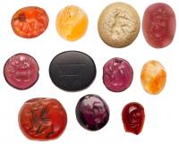 11-Piece Lot of Late Roman and Sasanian Period Gemstone Intaglios Seals, Circa 4th-8th Century A.D.