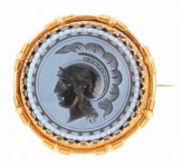 Striking Victorian Revival Onyx Intaglio Brooch of a Roman in a Plumed Helmet Set in a Fine, 14K Yellow Gold Bezel