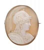 Lovely Shell Cameo of Athena Rendered in Great Detail, Set in a 9K Yellow Gold Bezel, Late 19th Century