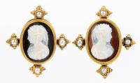 Middle 19th Century, Victorian Sardonyx Cameo Earrings, Each Facing the Other Set in 14K Yellow Gold Bezels with Tiny Pearl Acce