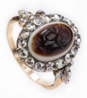 Gorgeous Victorian Era Ring with Carved Sardonyx Intaglio Surrounded and Flanked by Rose Cut Diamonds in 14K Yellow Gold