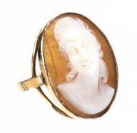 Neo-Classical Styled Shell Cameo Ring set in a 14K Yellow Gold Mount. Lovely Portrait of a Woman in Remarkable High Relief