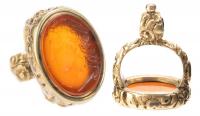 14K Yellow Gold Signet Stamp Pendant with an Exquisitely Carved Carnelian Intaglio of a Handsome Bust Portrait of Apollo Facing