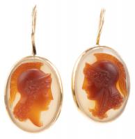 Superb Pair of Chalcedony Cameo Earrings in 14K Yellow Gold. One of Athena Facing Left, Zeus to the Right, Modern Earring Hook B