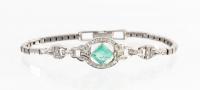 Lady's Square Cut Emerald and Diamond Deco Styled Bracelet