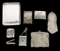 Early 20th Century Sterling Silver: Lady's Cigarette and Makeup Case, 3 Men's Cigarette Cases, Sterling Silver Hinged Comb + Dre