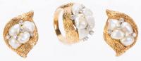 Baroque Pearl Ring and Matching Earrings Set in 14K Brushed Yellow Gold with Diamond Accents