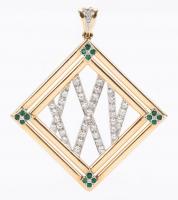 Custom 25th Anniversary Pendant in Diamonds, Emeralds and 10K Yellow Gold