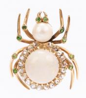 Vintage, Beautifully Made, Opal, Pearl, Diamond and Emerald Spider Pin in 14K Yellow Gold