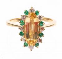 Lady's Unusual Diamond, Emerald and Citrine Dinner Ring in 14K Yellow Gold