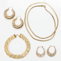 Italian 14K Yellow Gold Jewelry; Two Pair Hoop Style Earrings, a Braided Bracelet and Flat Link Chain