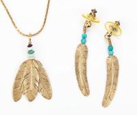 Michael Horse 14K Yellow Gold Pendant of Three Feathers on a 19" 14K Yellow Gold Box Chain Necklace with Matching 14K Feather Ea