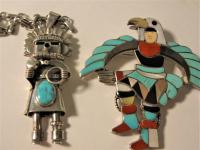 Michael Horse Sterling Silver Kachina Doll Pendant with Sky Blue Turquoise Cabochon and a Zuni Eagle Dancer Brooch by E. A. Beyu