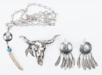 Collection of Sterling Silver Native American Jewelry: Outstanding Shield and Feather Earrings, Longhorn Skull Pendant, Feather