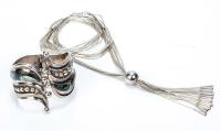 Liquid Silver Tassel Necklace plus a Striking Cuff Accented with Fiery Cabochons of Mother of Pearl