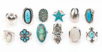 Trove of Twelve (12) Sterling Silver Rings; Eight (8) with Turquoise, Two (2) with Agate and Two (2) All Sterling Silver