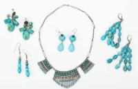 Iva Hattie Zuni Sterling Silver and Turquoise Necklace and Four (4) Pair Turquoise Earrings.