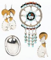 Collection of Sterling Silver Jewelry: Pair of Hound Earrings and Pin Howling at Moon, Stunning Zuni Sunface Pendant and Silver