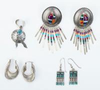 Excellent Collection of Native American Sterling Silver Earrings and One Ear Cuff. Includes an Extraordinary Pair of Zuni Crafte