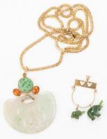 Two (2) Striking Jade Pendants in 14K Yellow Gold. One with Coral Cabochons Suspended on 14K Yello Gold Barrel 30" Chain