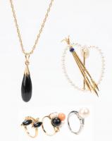 Medley of Five (5) 14K Yellow Gold Pieces That Include Onyx, Pearl, Coral and a Sapphire