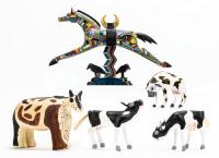 Balance of Southwest Art Collection: Hand Painted Horse by Robert Shields, Three Cow Carvings from Oaxaca and One Zuni Pottery C