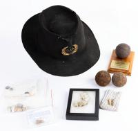 Trove of Civil War Ephemera: Three (3) Cannonballs, Antique G.A.R. Metal Pin on Slouch Hat, and Over 75 Fired Bullets Most Ident