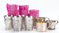 12 Sterling Silver Peruvian Shot Glasses and Three Vintage Baby Cups