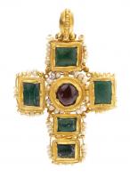 Stunning Byzantine Style Cross, High Karat Yellow Gold with Emeralds, Garnet and Tiny Seed Pearls, Late 1700s