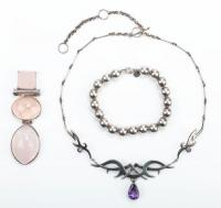 Sterling Silver Collection: Tiffany Silver Bead Bracelet, Superb Rose Quartz Pendant and a Celtic Design Necklace with Purple To