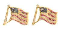 Two Custom Designed, Matching American Flag Pins in 18K Yellow Gold with Diamonds, Sapphires and Rubies.