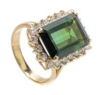 Lady's 14K Yellow Gold Ring Centered with a 10 Carat Green Tourmaline Surrounded by .85 Carats of Diamonds