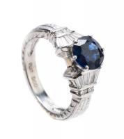 Lady's Beautiful, Deep Blue, 2.22 Carat Ceylon Sapphire Flanked by Diamond Baguettes and Set in Platinum